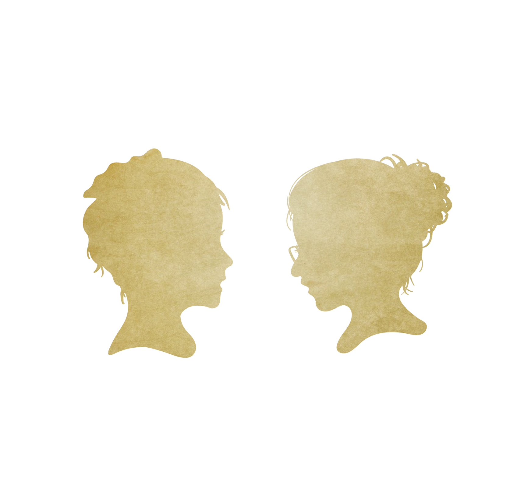 two gold vintage cameo silhouettes of female heads having a conversation